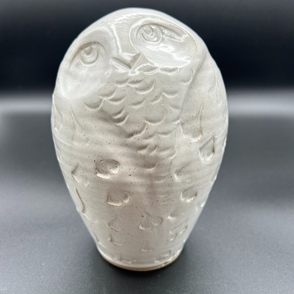 Frye Pottery White Glazed Owl Sculpture Signed Studio Gingko Leaf Rustic Owl